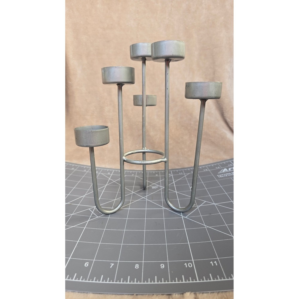Modern Industrial Metal 6-Light Tea Light Candelabra Silver Tiered Centerpiece